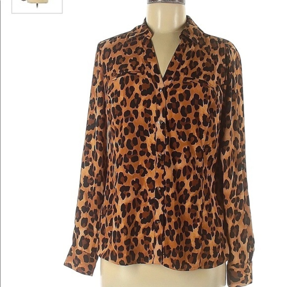 Dana Buchman size XXL blouse tan & black cheetah button up collared long sleeve